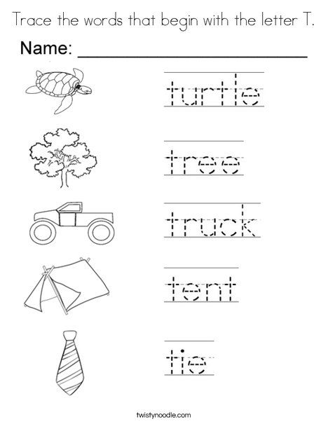 Trace the words that begin with the letter T Coloring Page - Twisty Noodle Letter T Words, T Worksheet, Letter T Activities, Alphabet Writing Practice, Alphabet Worksheets Kindergarten, Cursive Writing Worksheets, Cursive Words, T Craft, Spelling Worksheets