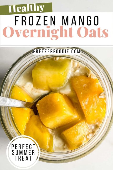 jar of overnight oats topped with frozen mango Frozen Mango Overnight Oats, Mango Overnight Oats, Easy Breakfast Meal Prep, Healthy Breakfast Idea, Chia Overnight Oats, Frozen Mango, Frozen Breakfast, Breakfast Meal, Oats Recipe