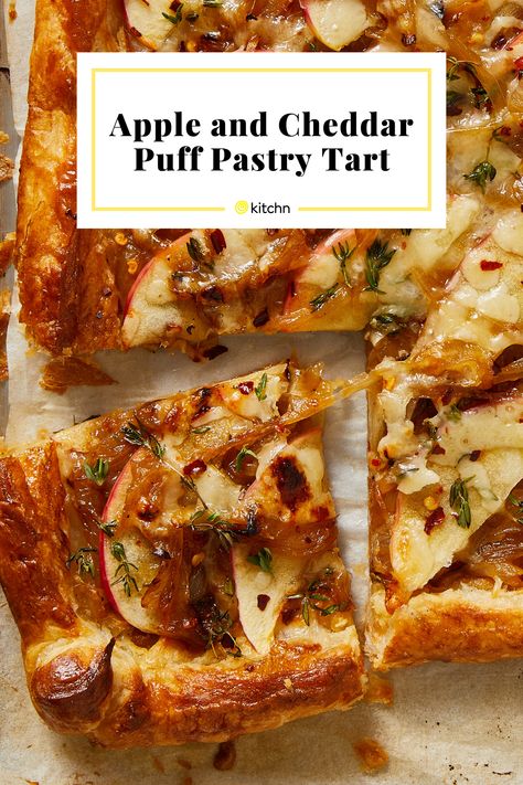 Apple Cheese Tart, Fall Puff Pastry Recipes Savory, Apple Cheddar Bundles, Puff Pastry Apps, Puff Pastry App, Pastry Recipes Savory, Onion Appetizers, Puff Pastry Recipes Savory, Honey Baking