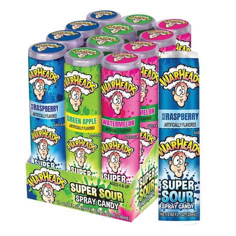 For an instant Super Sour break, WarHeads Spray is the only way to go. Every bottle contains over 100 sprays of intense sour goodness. Dare to be Sour! Three Flavors: Green Apple, Watermelon and Raspberry For single orders, please indicate style preference in notes during checkout and we will attempt to accommodate your request; otherwise one will be selected at random. Shuffle Cutouts, Apple Water, Corporate Holiday Gifts, Nutter Butter Cookies, Giant Candy, Candy Brands, Counter Display, Bulk Candy, Sour Candy