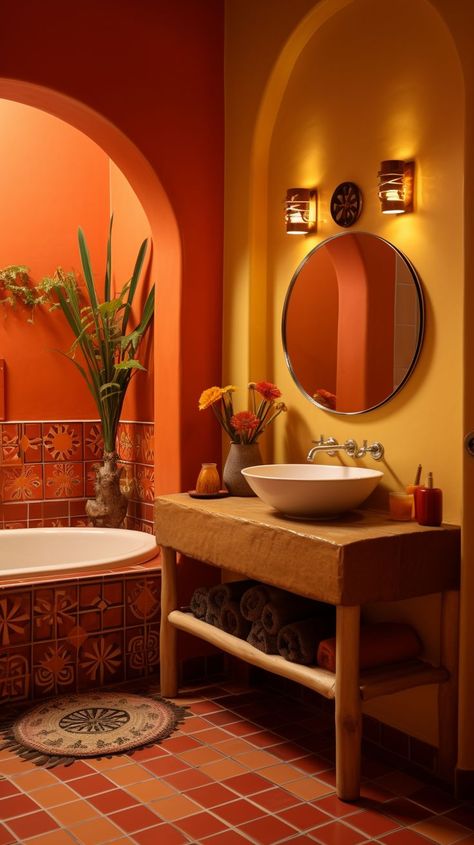 modern mexican interior design Mexican Colors Walls, Mexican Restroom, Mexican Restaurant Bathroom, Mexican Modernism Bathroom, Mexico Restroom Ideas, Modern Mexican Home Decor, Modern Mexican Home, Modern Hacienda, Mexican Interior Design