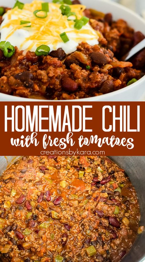 This CHILI RECIPE WITH FRESH TOMATOES is absolutely delicious! With both ground beef and sausage, it is hearty and packed with flavor! #chilirecipe #chiliwithfreshtomatoes @Creations by Kara Chili With Fresh Tomatoes Homemade, Fresh Tomato Chili Recipes, Chili From Fresh Tomatoes, Chilli With Fresh Tomatoes, Chili Recipe Fresh Tomatoes, Ground Beef And Tomato Recipes, Chili Recipe With Fresh Tomatoes, Chili With Fresh Tomatoes, Recipe With Fresh Tomatoes