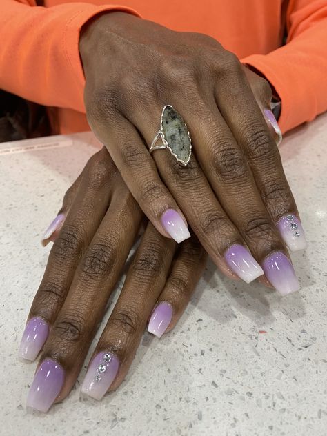 Purple ombré with jewels Purple White Ombre Nails, Purple Black Ombre Nails, Grey Purple Ombre Nails, Purple And Gray Ombre Nails, Purple To Black Ombre Nails, Black And Purple Glitter Ombre Nails, Purple Ombre Nails, Lilac Nails, White Ombre