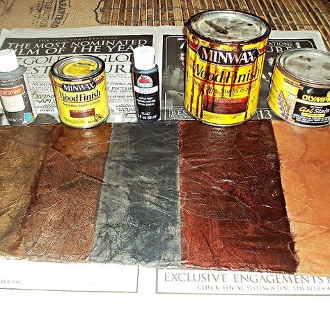 how to create a faux leather finish using brown paper, painted furniture, repurposing upcycling, Once your project is dry you can apply paint or stain depending on the look you are trying to achieve Here are some examples from L R Raw Umber craft paint Dark Walnut stain black paint Red Mahogany Stain Antique Cherry stain Stained Osb Walls, Brown Paper Bag Walls, Refinish Frames, Paper Bag Walls, Brown Paper Bag Floor, Paper Bag Flooring, Furniture Repurposing, Red Mahogany Stain, Diy Paper Bag