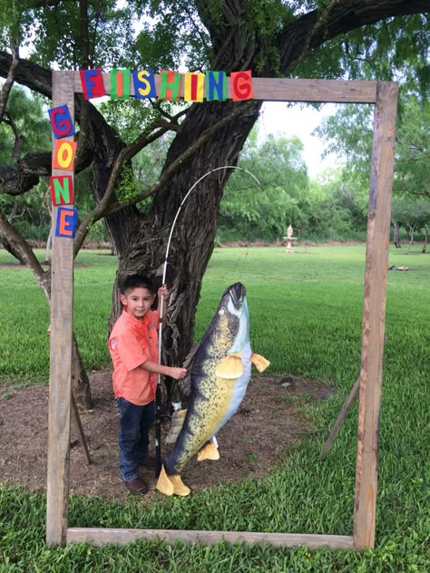 Made a gone fishing wood frame for pictures. Used a big fish pillow and hooked it to a rod for the big catch :) Noah's fishing theme party Fishing Themed Party, Frame For Pictures, Gone Fishing Party, Fishing Theme Party, Fishing Themed Birthday Party, Fishing Birthday Party, Fish Pillow, Fishing Party, Fishing Birthday