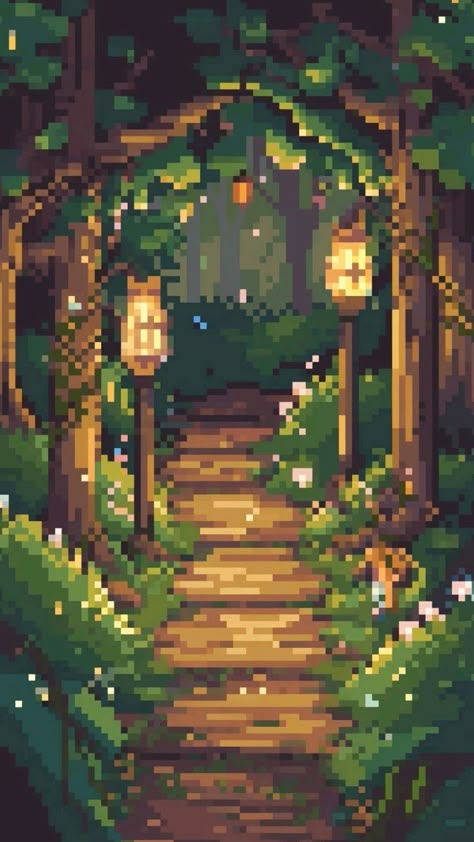 Pixel Garden Art, Pixel Landscape Art, Pixel Games Aesthetic, Pixel Art Fantasy Landscape, Pixelart Landscapes, Vintage Pixel Art, Pixel Art Garden, 64 Bit Pixel Art, Pixel Art Frame