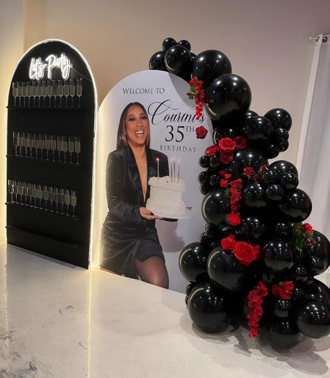 T H I R T Y • F I V E 🌹 SWIPE ➡️ Loved the all black look with red roses 😍 Thankful for the continued support from my loyal clients. ❤️ … | Instagram Red Rose And Black Themed Birthday Party, Black And Red 30th Birthday Theme, 23rd Birthday Party Ideas For Women, Black And Red 21st Birthday Party Ideas, 26 Th Birthday Ideas, Roses Birthday Theme, Pink And Black 21st Birthday Party, Pink And Black Party Decor, Red Rose Party Theme