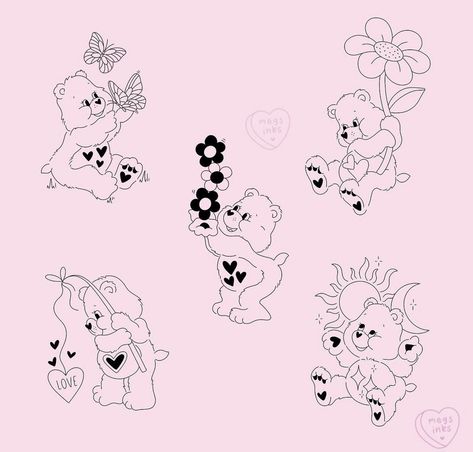 Care Bear Tattoos For Women, Tender Heart Bear Tattoo, Tattoo Ideas Carebear, Tiny Care Bear Tattoo, Carebear Tattoo Ideas, Love A Lot Care Bear Tattoo, Matching Care Bear Tattoos, Care Bear Outline, Small Care Bear Tattoo