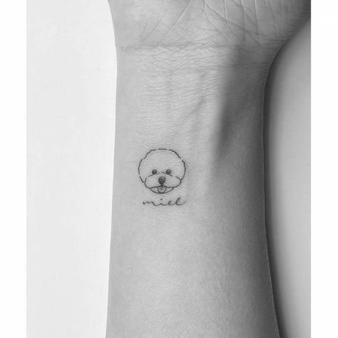 Minimalist dog portrait tattoo on the wrist. Bichon Tattoo Small, Wrist Dog Tattoos For Women, Dog Wrist Tattoo, Mini Dog Tattoo, Maltipoo Tattoo, Bichon Tattoo, Minimalistic Dog Tattoo, Tattoo Dog Minimalist, Bichon Frise Tattoo