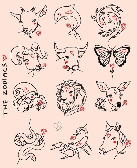 Cute Zodiac Signs Tattoos, Zodiac Flash Sheet, Astrology Flash Tattoo, Zodiac Flash Tattoo, Zodiac Animal Tattoos, Flash Sheet Tattoo, Flash Sheets, Zodiac Sign Tattoos, Flash Sheet