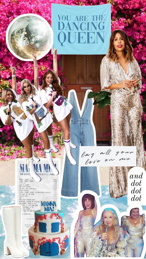 Dancing Queen Bachelorette Party Outfits, Greece Themed Party Outfit, Mamma Mia Aesthetic Outfits Party, Greece Bachelorette Party, Queen Invitations, Mamma Mia Bachelorette Party Outfits, Abba Bachelorette Party, Mama Mia Aesthetic Outfits, Mama Mia Party Outfit