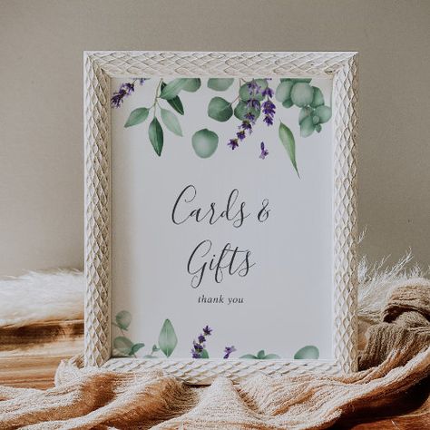 $11.00 | Rustic Lavender & Eucalyptus Cards and Gifts Sign #elegant baby shower sign, rustic lavender table sign, floral cards and gifts sign, simple bridal shower sign, eucalyptus leaves wedding reception sign, green and purple, lavender greenery birthday party sign, boho spring summer garden k082, watercolor flower plant, outdoor botanical wildflower Lavender Wedding Reception Decorations, Lavender Bridal Shower Ideas, Greenery Birthday Party, Greenery Birthday, Eucalyptus Leaves Wedding, Green Bridal Showers, Purple Bridal Shower, Cards And Gifts Sign, Simple Bridal Shower