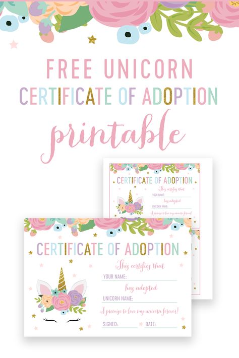 How sweet is this Free Unicorn Adoption Certificate! Combine it with our matching Free Adopt a Unicorn Sign! Unicorn Adoption Certificate Free, Unicorn Adoption Party, Adopt A Unicorn Party Favor, Unicorn Birthday Printables, Adopt A Unicorn, Certificate Of Adoption, Unicorn Sign, Birthday Certificate, Birthday Party Invitations Free