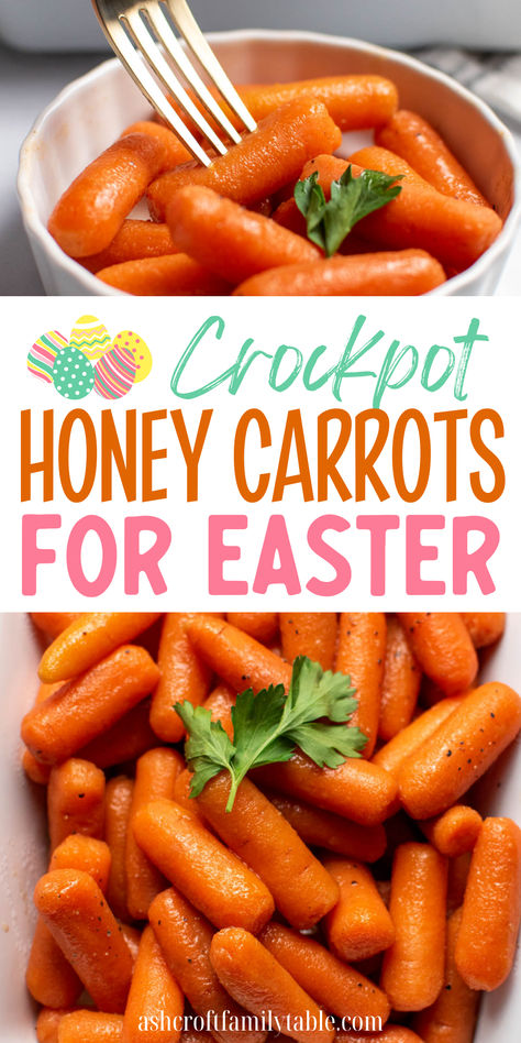 Crockpot honey-glazed carrots in a casserole dish for Easter dinner. Carrots For Easter Dinner, Side Dish For A Crowd, Crockpot Carrots, Carrots For Easter, Dish For A Crowd, Cinnamon Carrots, Parsnip Recipes, Easter Dinner Menus, Carrots Side Dish