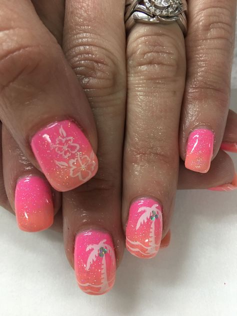 Tropical Vacation Summer Pink Peach Coral Ombré Palm Tree Sparkle Gel Nails Beach Gel Nails, Coral Gel Nails, Trendy Nail Art Summer, Nail Designs Summer Beach, Sparkle Gel Nails, Vacation Nail Art, Vacation Nail Designs, Palm Tree Nails, Beach Nail Designs