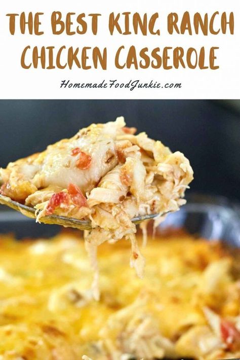 King Ranch Chicken is a delicious chicken casserole with a Mexican Cuisine twist. This is an easy family dinner ready to eat in under an hour with very little work. Best King Ranch Chicken Casserole, Saucy Chicken, King Ranch Chicken Casserole, Chicken Casserole Dinners, King Ranch Chicken, Chicke Recipes, Easy Family Dinner, Ranch Chicken Casserole, Spicy Dishes