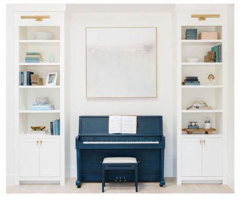 Desk And Piano Room, Artwork Over Piano, Cabinets Around Piano, Piano Room Library, Bookshelves With Piano, Piano In Office Room, Piano Study Room, Sofa Not Facing Tv, Piano Accent Wall