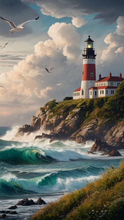 Immerse yourself in a tranquil coastal scene with our stunning lighthouse wallpaper. Featuring a majestic lighthouse on a rugged cliff, surrounded by crashing waves and a dramatic sky, this artwork blends Impressionism's light play with Art Deco elegance. Lush greenery and wildflowers add to the serene atmosphere, while seagulls soar above, creating a peaceful solitude. Perfect for coastal decor enthusiasts and nature lovers. The Lighthouse Poster, Lighthouse Abstract, The Lighthouse Scene, Lighthouse Aesthetic Storm, Lighthouse On A Cliff, Coastal Wallpaper, Crashing Waves, Stunning Wallpapers, Beach Lovers