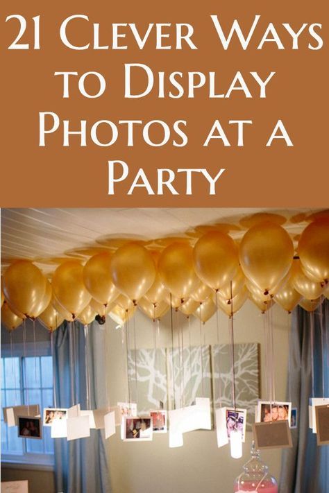 Party Decoration Ideas - Looking for clever ways to display photos at a party?  Find 20+ easy DIY ways to display pictures at any party - birthday, anniversary, engagement or wedding!  #party #partyideas #partydecor #birthdayparty #partydecorations #anniversaryparty Ways To Display Pictures, Easy Birthday Party Decorations, Ways To Display Photos, Photo Centerpieces, 50th Wedding Anniversary Decorations, 75th Birthday Parties, 50th Birthday Party Decorations, Wedding Anniversary Decorations, 90th Birthday Parties