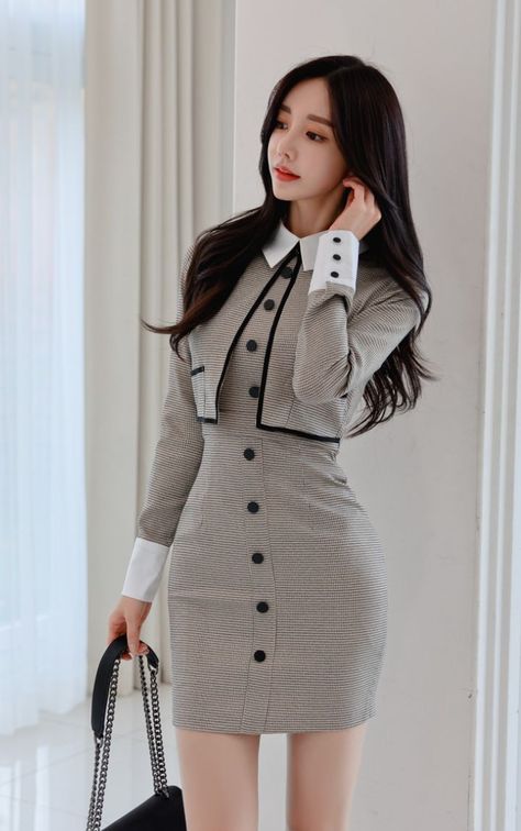 Korean Fashion Women Dresses, Corporate Attire, Embellished Collar, Woman Suit Fashion, Fashion Enthusiast, Korean Fashion Dress, Pretty Prom Dresses, Classy Work Outfits, Korean Fashion Women