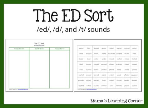 The ED Sort using /ed/, /d/, and /t/ sounds - cut & paste activity for 2nd-4th grades Suffix Ed, Spelling Ideas, Inflectional Endings, Homeschool Adventures, All About Spelling, Wilson Reading, Secret Stories, Learning Corner, Snap Words