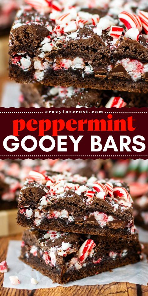 Peppermint Gooey Bars bring a festive twist to your holiday baking! These chocolatey bars are made with chocolate cake mix, Andes peppermint crunch baking chips, sweetened condensed milk, and crushed candy canes, creating a sweet, gooey texture perfect for Christmas dessert ideas! Cookie Bars From Cake Mix Recipes, Peppermint Christmas Candy, Healthy Peppermint Desserts, Spice Bars Recipe, Holiday Bars Recipes Christmas Treats, Easy Holiday Desserts For A Crowd, Christmas Bars Recipes Holidays, Christmas Baking Bars, Christmas Peppermint Desserts