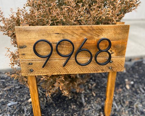 Address Stake Reclaimed wood address sign for garden | Etsy Farmhouse House Numbers, House Number Ideas Outdoor, Farmhouse Address Sign, Wood Frames Diy, Address Signs For Yard, Driveway Sign, Modern House Numbers Sign, House Numbers Diy, Address Post