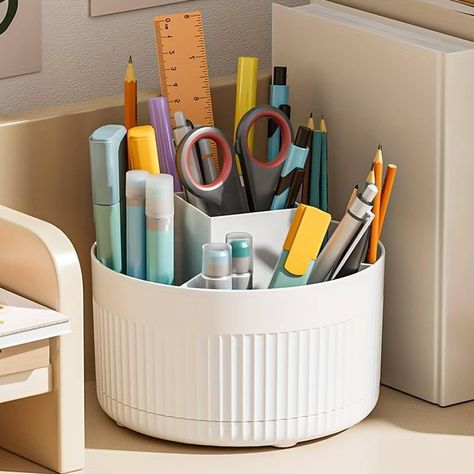 Pen Pencil Holder Desk Organizer Art Supply Storage Caddy – 5 Slots 360° Degree Rotating Desk Organizers Art Supply Storage, Rotating Desk, Laundry Basket Organization, School Pens, Pencil Holders, Remote Control Holder, Brush Storage, Makeup Storage Box, Organized Desk Drawers