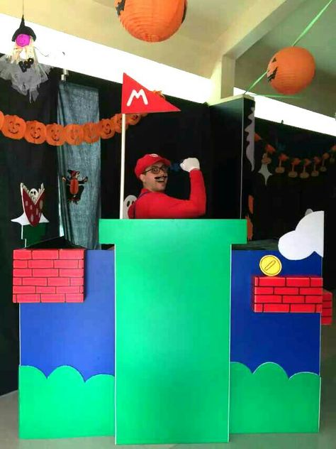 Super Mario Dramatic Play, Super Mario Float Ideas, Super Mario Theme Halloween Party, Super Mario Bros Float, Super Mario Photo Backdrop, Mario Photo Backdrop, Mario Kart Halloween Decorations, Super Mario Vbs, Mario Bros Decor