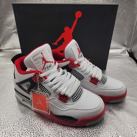 Air Jordan Retro 4 Fire Red Unisex Sneakers Bedazzled Shoes Diy, Jordan 4 Fire Red, Cute Jordans, Jordan 4 Red, Air Jordan Retro 4, Nike Shoes Women Fashion, Pretty Sneakers, Fly Shoes, Jordan Retro 4