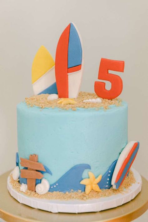 Check out this cool Summer surf-themed birthday party! What a great cake! See more party ideas and share yours at CatchMyParty.com Surfer Birthday Cake, Surfer Birthday Party, Surfing Cake, Surfer Cake, Surfer Birthday, Rainbow Cake Pops, Summer Birthday Cake, Beach Birthday Cake, Surf Cake