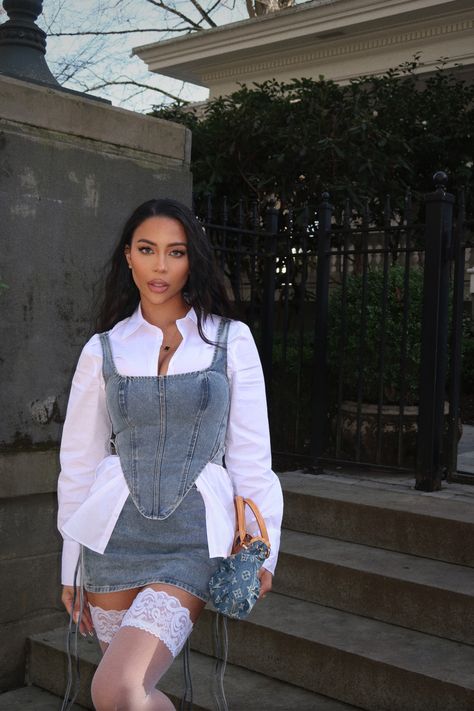 outfit inspo, denim corset, lace tights, designer bag, pose inspo, spring outfit, spring outfit inspo, spring 2024 outfit  follow for more on IG -- instagram.com/jamieegabrielle Denim Corset Outfit, Corset And Skirt Outfits, Corset Top Outfit, Corset Outfits, Corset And Skirt, Outfit Inspo Spring, White Corset Top, Corset Outfit, Denim Corset