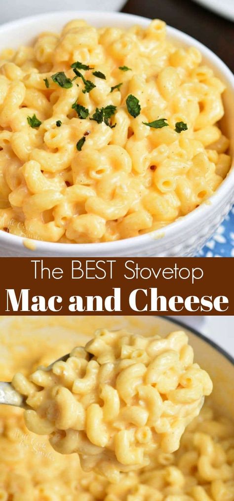 Mac and Cheese collage one with mac and cheese in a bowl the other being scooped out with a spoon Mac And Cheese Rezept, Cheesy Mac, Best Mac N Cheese Recipe, Cheesy Mac And Cheese, Stovetop Mac And Cheese, Easy Mac And Cheese, Comfort Dinner, Macaroni Cheese Recipes, Easy Cheese Recipes