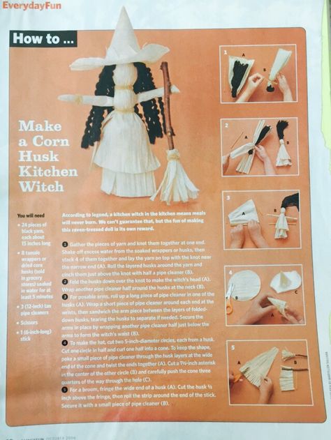 How to make a corn husk kitchen witch Corn Husk Dolls Witch, Diy Corn Husk Dolls, How To Make A Corn Husk Doll, Diy Kitchen Witch Doll How To Make, How To Make A Kitchen Witch Doll, Witches Decorations, Wicca Crafts, Witches Diy Decoration, Corn Dolls