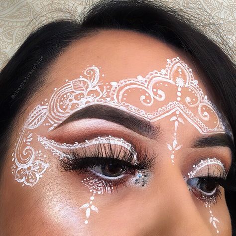 WHITE HENNA COLLAB 🖊❕ with these talented artis Henna Face Tattoo, Face Henna, Henna Face, Henna Makeup, White Henna Tattoo, White Henna Designs, Lace Makeup, Boho Makeup, White Face Paint