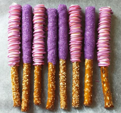 Chocolate covered pretzel rods.  #pink #purple #chocolate Chocolate Covered Ideas, Baby Girl Shower Cakes, Baby Shower Girl Ideas, Cakes Purple, Girl Shower Cake, Cake Purple, Personalized Bridal Shower Gifts, Winter Baby Shower Themes, Kate Spade Bridal Shower