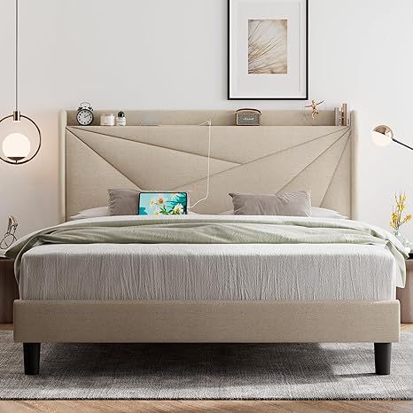 Amazon.com: Feonase Queen Size Bed Frame with Type-C & USB Ports, Upholstered Platform Bed Frame with Wingback Storage Headboard, Solid Wood Slats Support, No Box Spring Needed, Noise-Free, Beige : Home & Kitchen Integrate Art, Elegant Bed, Cama King Size, Storage Headboard, Lit King Size, Full Size Bed Frame, Lines Design, Elegant Bedding, King Size Bed Frame