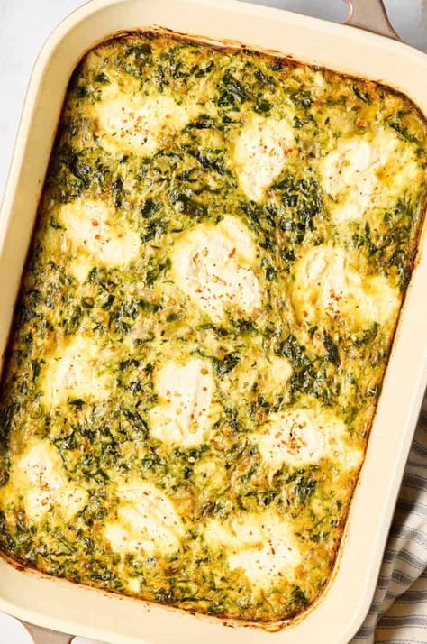 Spinach Egg Casserole in baking dish Spinach Artichoke Casserole, Spinach Egg Casserole, Artichoke Casserole, Leftover Breakfast, A Spicy Perspective, Spinach Egg, Egg Casserole Recipes, Egg Casserole, Potluck Dishes