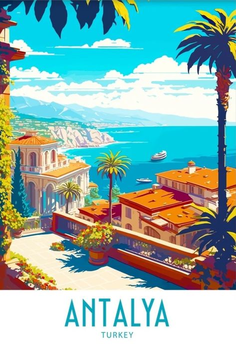 Italy Coast, Seaside Paintings, Wanderlust Decor, Travel Collage, Travel Poster Design, City Cartoon, Antalya Turkey, Art Deco Poster, Travel Illustration