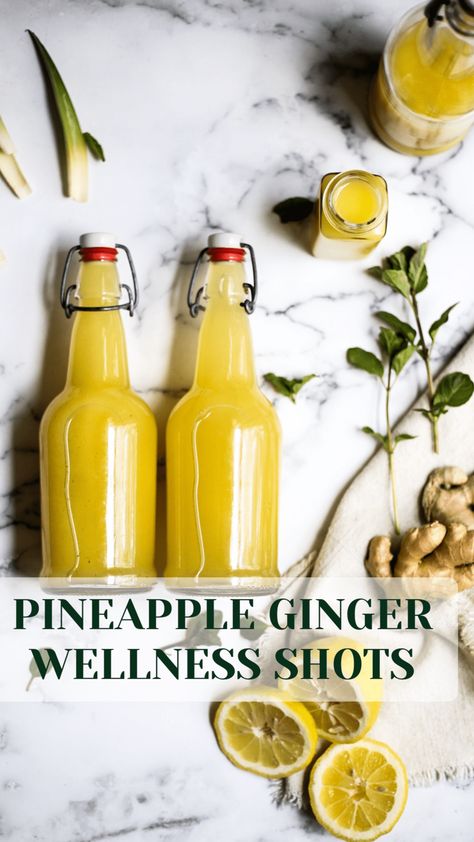 PINEAPPLE GINGER WELLNESS DRINK - AFROVITALITYEATS Pineapple Wellness Shots, Ginger Pineapple Shot Recipe, Pineapple Ginger Shots, Pineapple And Ginger Juice, Pineapple Shots, Ginger Pineapple, Ginger Shot Recipe, Ginger Shots, Pineapple Ginger