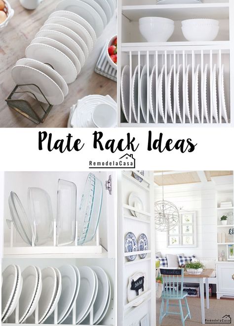 Kitchen Organization - Plate Rack Ideas - Remodelando la Casa Vertical Plate Storage, Plate Rack Ideas, Cabinet Plate Rack, Wooden Plate Rack, Build Kitchen Island, Inside Kitchen Cabinets, Diy Plate Rack, Kitchen Plates, Diy Pantry Organization