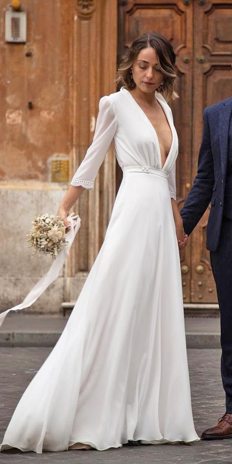 sexy wedding dresses ideas simple a line deep v neckline with long sleeves imagications Deep V Neck Wedding Dress With Sleeves, Long Sleeve Wedding Dress Deep V Neck, Long Sleeve Plunging Neckline Wedding Dress, Summer Wedding V-neck Long Sleeve Dress, Chic V-neck Long Sleeve Wedding Dress, Wedding Gown With Draped Sleeves And V-neck, Lace Long Sleeve Deep Vneck Wedding Dress, Byron Wedding, Wedding Dresses Ideas