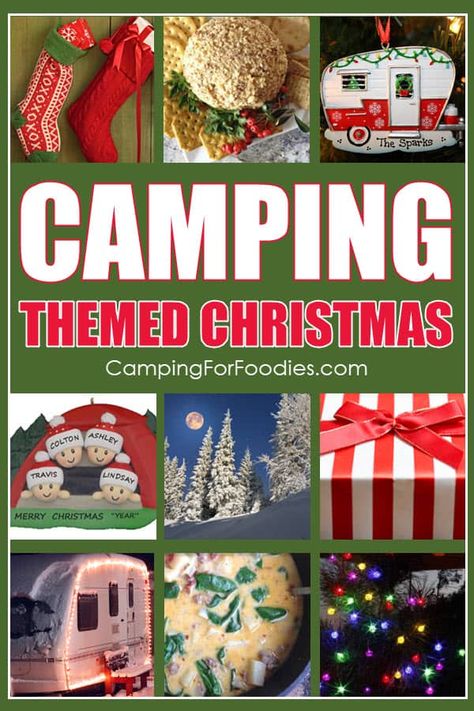 Christmas Gifts For Camping Friends, Camping Theme Christmas Party, Campfire Christmas Party, Camping Themed Basket, Christmas Camping Theme, Camping For Christmas, Christmas Camping Food, Christmas Camping Decorations, Camping Themed Christmas Tree