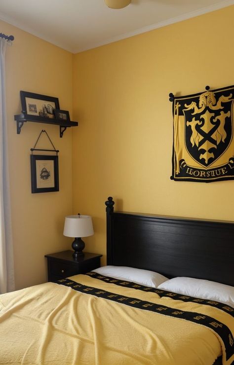 Hufflepuff Bedroom Ideas, Hufflepuff Room Decor, Hufflepuff Bedroom, Hufflepuff Room, Black Room Aesthetic, Hufflepuff House, Harry Potter Hufflepuff, Black Room, Bedroom Decor Ideas