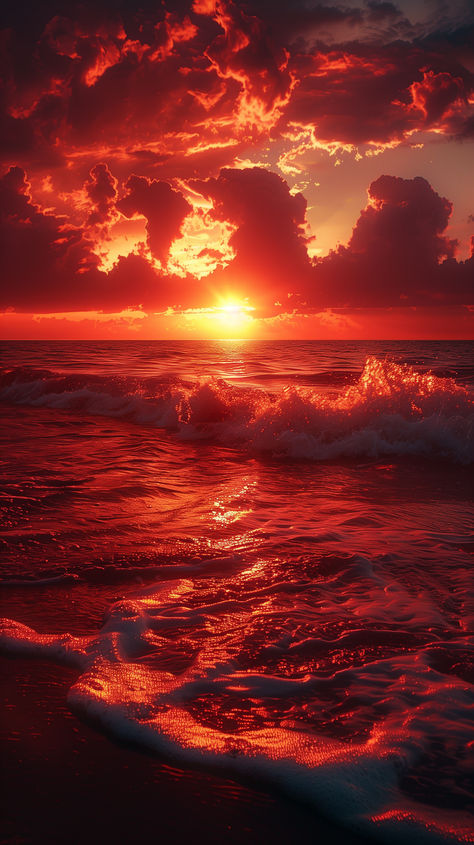 As the sun dips below the horizon, the sky ignites in fiery hues of red and orange, casting a radiant glow upon the clouds, while gentle waves whisper secrets to the shore. Dark Sun, Different Planets, Breathtaking Scenery, Video Game Room Design, Rain Clouds, Red Sun, Sun Sets, Video Game Room, Red And Orange