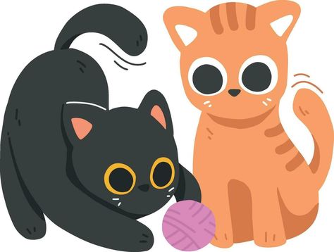 Cute Playful Black Cat and Orange Cat Playing with Ball of Yarn Celebrating International Cat Day Black Cat X Orange Cat, Orange Cat Drawing, Cat Playing With Ball, Cat Design Art, Kitty Face Paint, Black Cat Tattoos, Orange Kittens, Cats Black, Tabby Cats