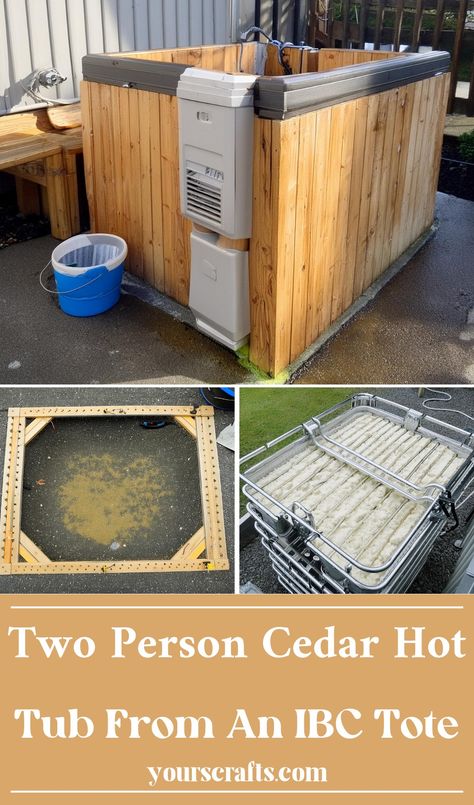 Two Person Cedar Hot Tub From an IBC Tote Diy Soaking Tub, Ibc Hot Tub, Ibc Tote Ideas, Backyard Simple, Cedar Hot Tub, Diy Hot Tub, Totes Ideas, Lumber Storage, Cedar Boards