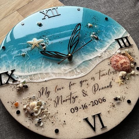 This handcrafted decorative wall clock features a breathtaking image of a seashore with waves crashing onto it. The clock is made of epoxy resin and includes many different seashells, starfish, and multiple resin white waves.  PLEASE NOTE: The clock mechanism is a delicate and complex part of the product. Due to the risk of damage during transportation, the clock mechanism is included in the package but not assembled beforehand. This way, you can ensure that the clock mechanism is in perfect con Resin Sea, Clock Handmade, Decorative Wall Clock, Handmade Wall Clocks, Resin Crafts Tutorial, Resin Art Painting, Resin Wall Art, Waves Crashing, Clock Wall Art