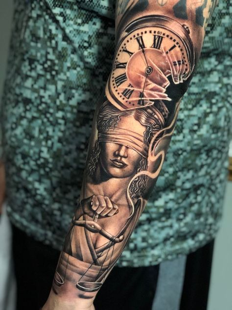 Libra Sleeve Tattoo For Men, Libra Sleeve Tattoos For Women, Lady Justice Tattoo Sleeve, Libra Tattoo For Men Design, Justice Tattoo Men, Libra Tattoo For Men, Libra Inspired Tattoos, Themis Tattoo, Lady Justice Tattoo