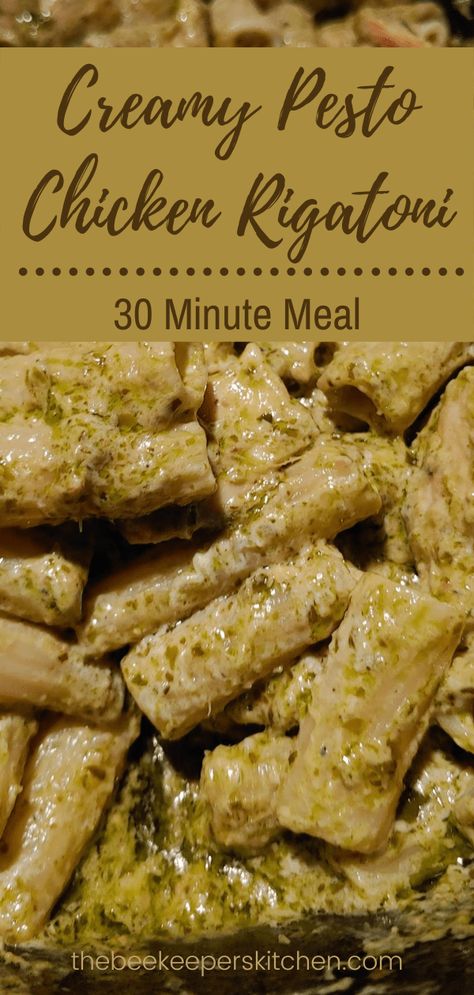 Chicken Pesto Rigatoni, Rigatoni Recipes Healthy, Pesto Rigatoni Recipes, What To Make With Rigatoni Noodles, Rigatoni Pesto Pasta, Pesto Chicken Crockpot, Chicken Rigatoni Recipes, Pesto Rigatoni, Chicken Rigatoni